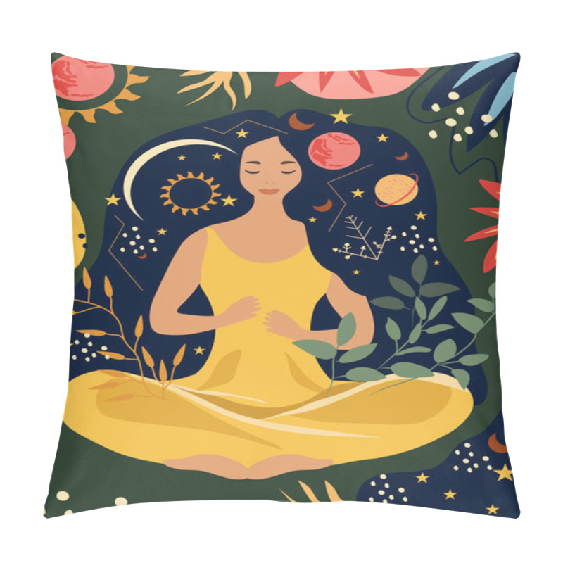 Personality  Woman In Yoga Lotus Posture Finding Peace Through Meditation In Outdoor. Concept For Yoga, Stress Relief, Leisure Activities, And Maintaining Well Being, Relaxation. Vector Illustration Pillow Covers