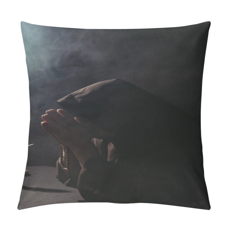 Personality  Monk With Obscured Face Praying With Rosary At Night On Black With Smoke Pillow Covers