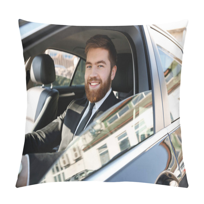 Personality  Side View Of Smiling Business Man Driving Car Pillow Covers