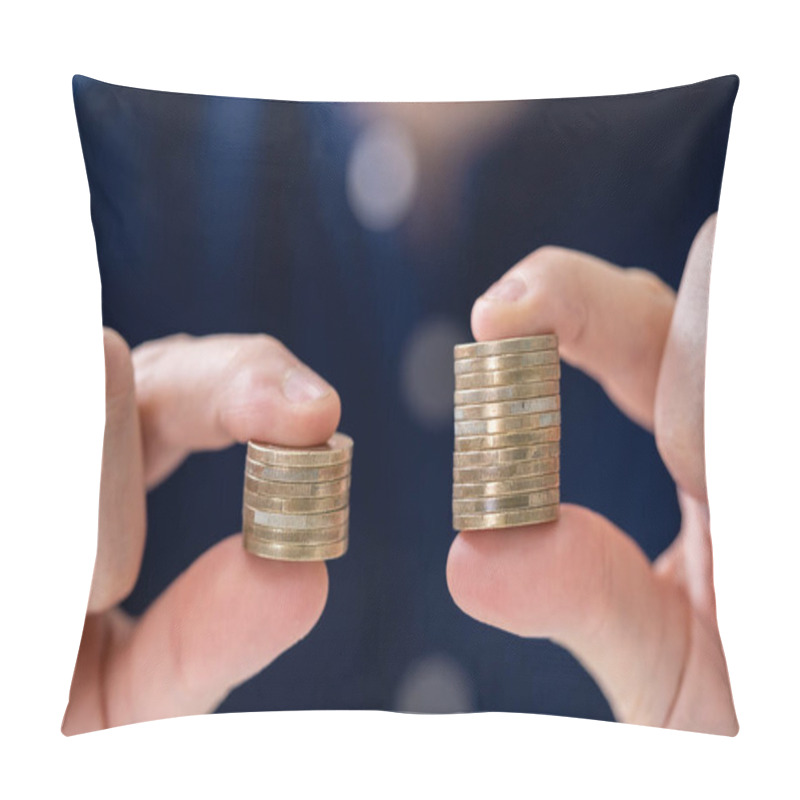 Personality  Man Holding Two Coin Stacks To Compare Pillow Covers