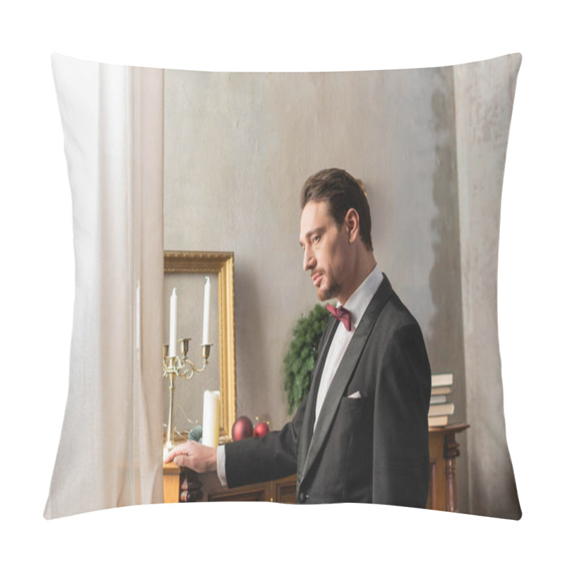 Personality  Elegant Gentleman In Formal Attire With Bow Tie Standing Near Piano On Christmas Eve, Holiday Pillow Covers