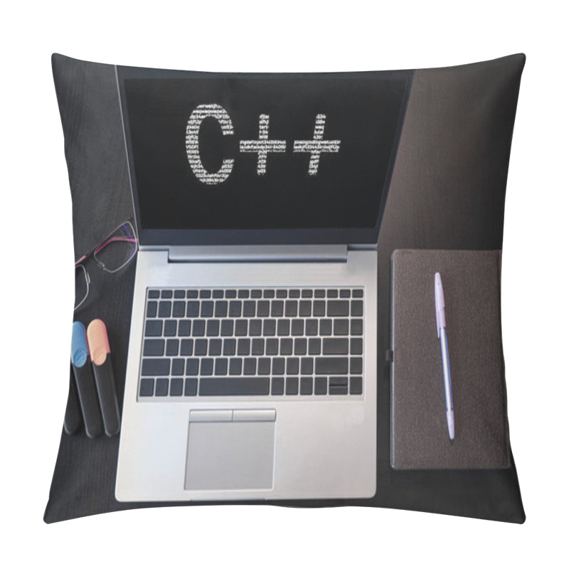 Personality  Laptop With C++ Text. Top View. C Plus Plus Inscription On Laptop Screen. Pillow Covers