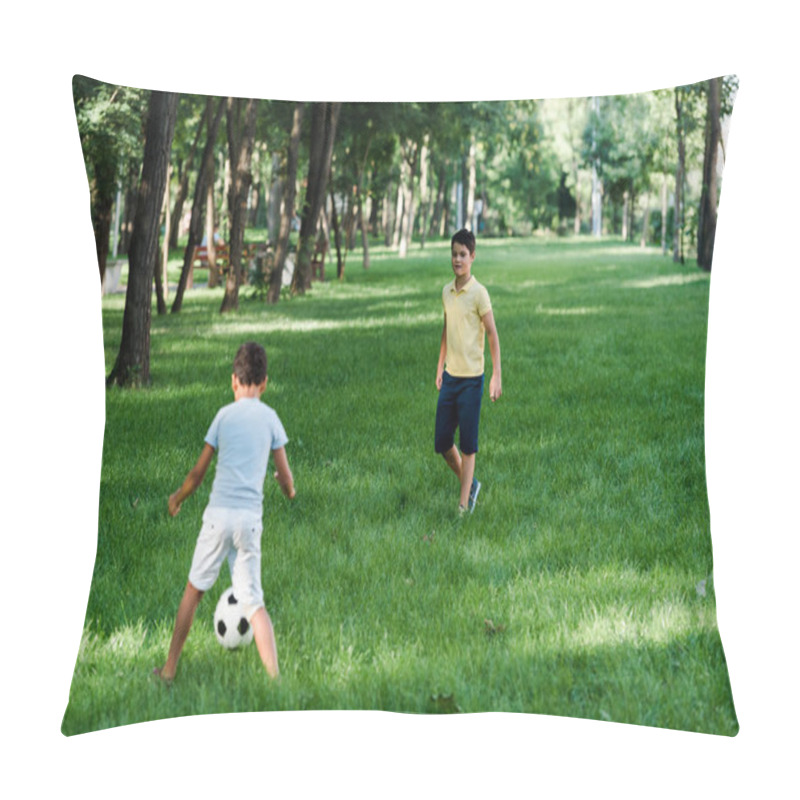 Personality  Cute Multicultural Boys Playing Football On Grass  Pillow Covers