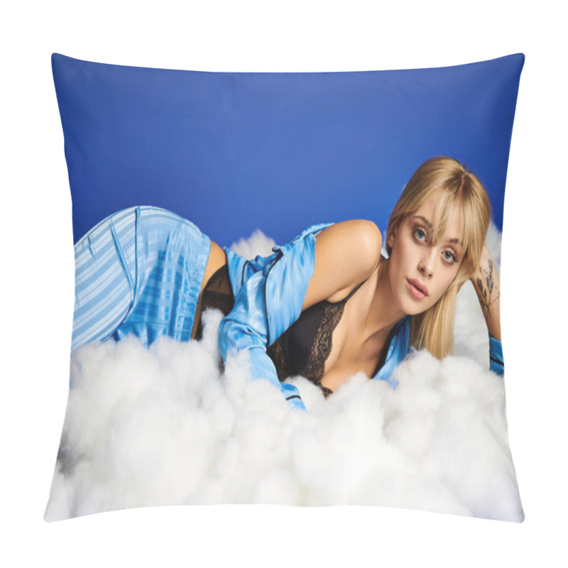 Personality  A Blonde Woman In Vibrant Attire Lays Gracefully On A Cloud In A Bright Blue Sky. Pillow Covers