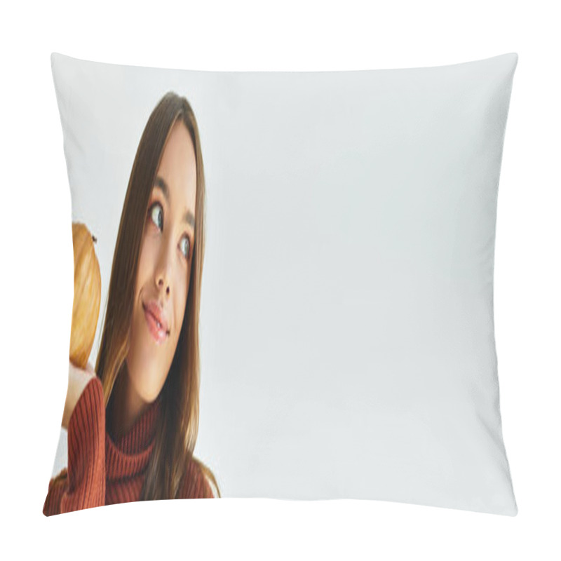 Personality  A Cheerful Young Woman In A Halloween Costume Poses Playfully With A Small Pumpkin. Pillow Covers