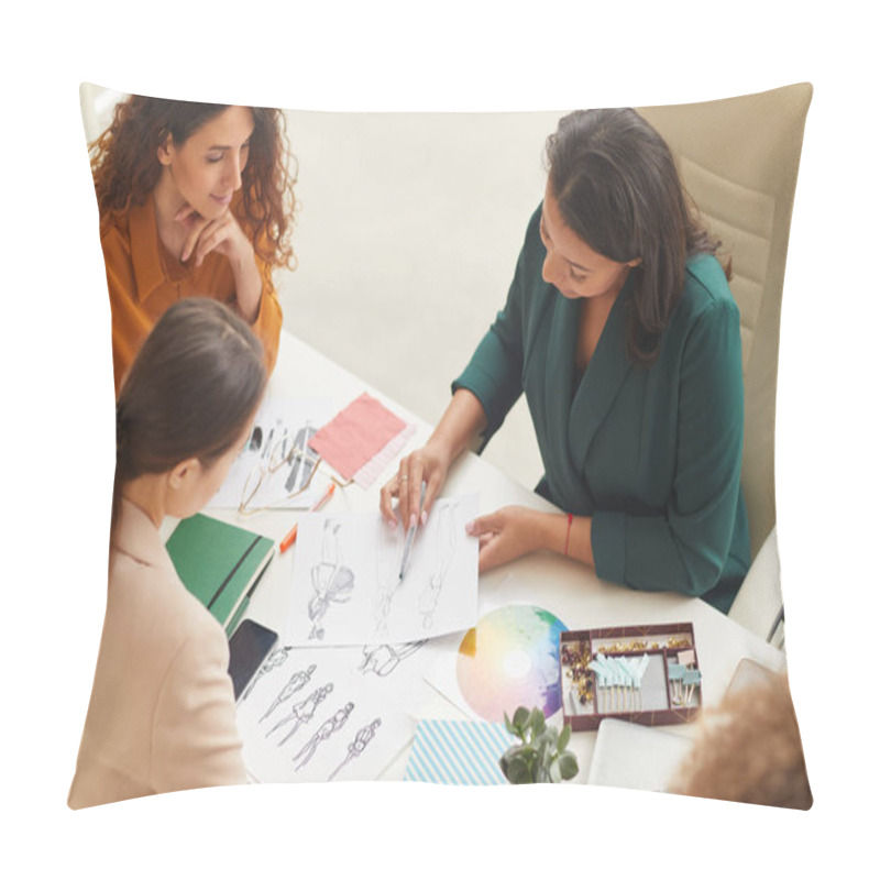 Personality  Group Of Young Women Working On Fashionable Clothes Design Together Horizontal High Angle Shot Pillow Covers