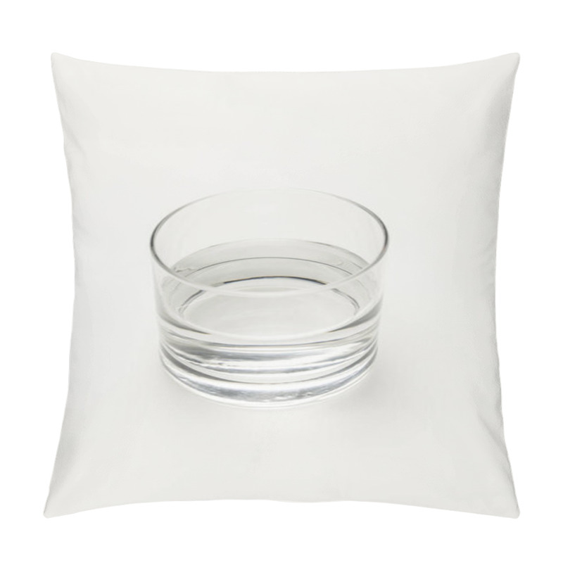 Personality  Overhead View Of Transparent Glass With Calm Mineral Water Isolated On White Pillow Covers