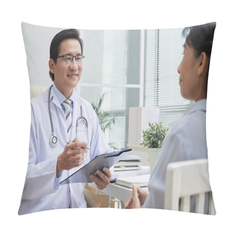 Personality  Asian Doctor In White Coat Talking To Senior Patient And Giving Recommendations Pillow Covers