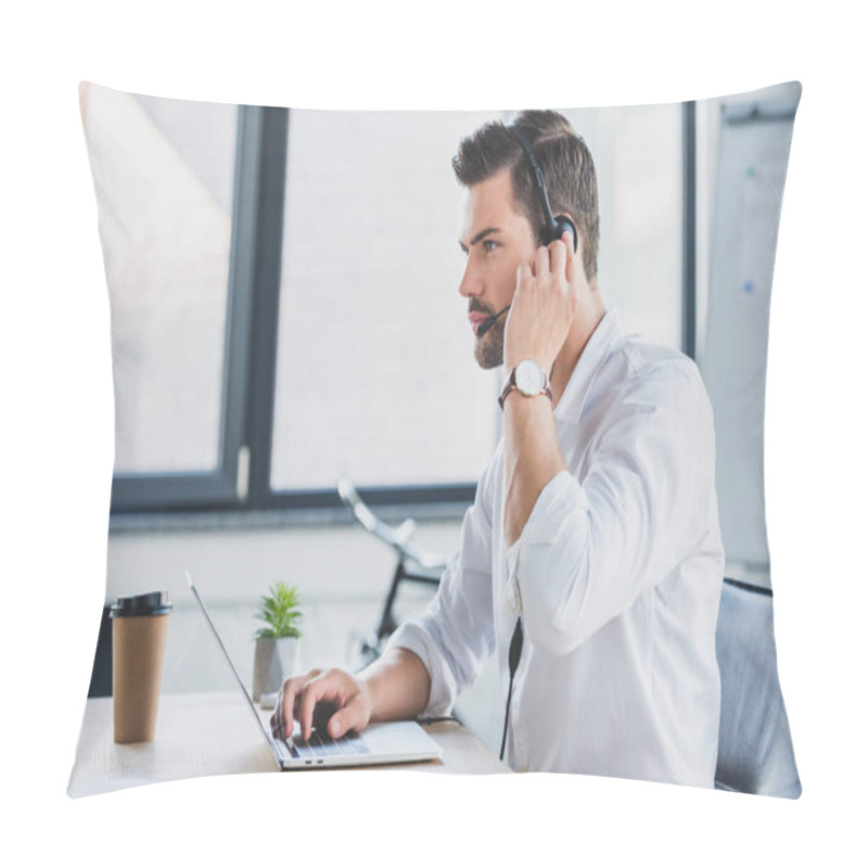 Personality  Side View Of Young Call Center Operator In Headset Using Laptop And Looking Away In Office Pillow Covers