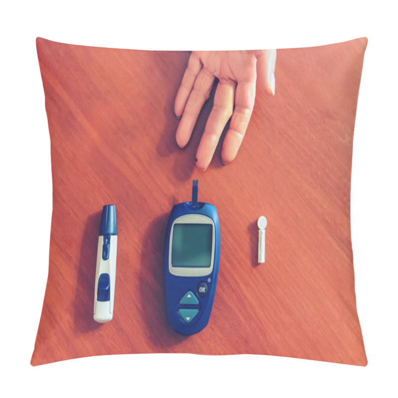 Personality  A Lady's Hands Measuring Blood Sugar, Glucose With A Home Test To Control Her Diabetes. Blood Glucose Meter And Needles For The Test Lie On A Wooden Table. Drop Of Blood On Finger Close Up Pillow Covers