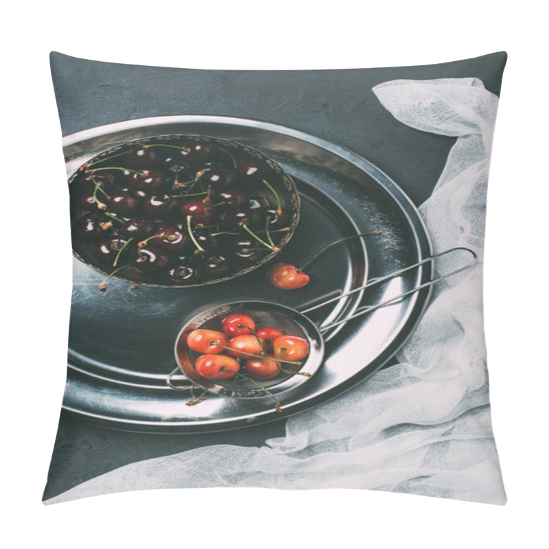 Personality  Top View Of Fresh Ripe Sweet Cherries In Shiny Metal Plate   Pillow Covers