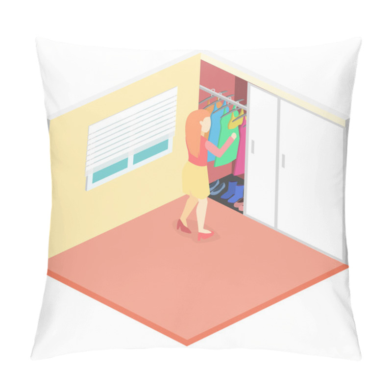 Personality  Girl Chooses Clothes In Isometric Room. Pillow Covers