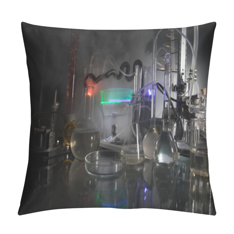 Personality  Pharmacy And Chemistry Theme. Test Glass Flask With Solution In Research Laboratory. Science And Medical Background. Laboratory Test Tubes On Dark Toned Background Pillow Covers