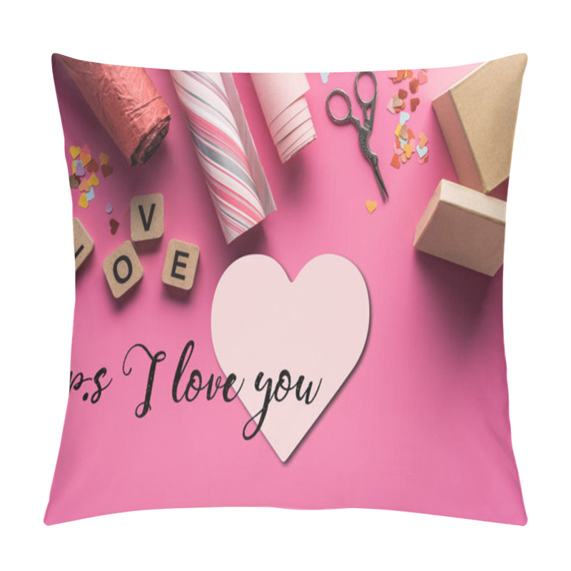 Personality  Top View Of Valentines Decoration, Scissors, Gift Box, Wrapping Paper And Love Lettering On Wooden Cubes On Pink Background With Heart And Ps I Love You Lettering Pillow Covers