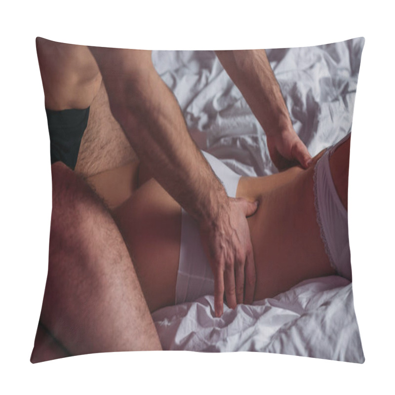 Personality  Cropped View Of Sexy Man Making Back And Loin Erotic Massage To Girlfriend Lying In Bed Pillow Covers