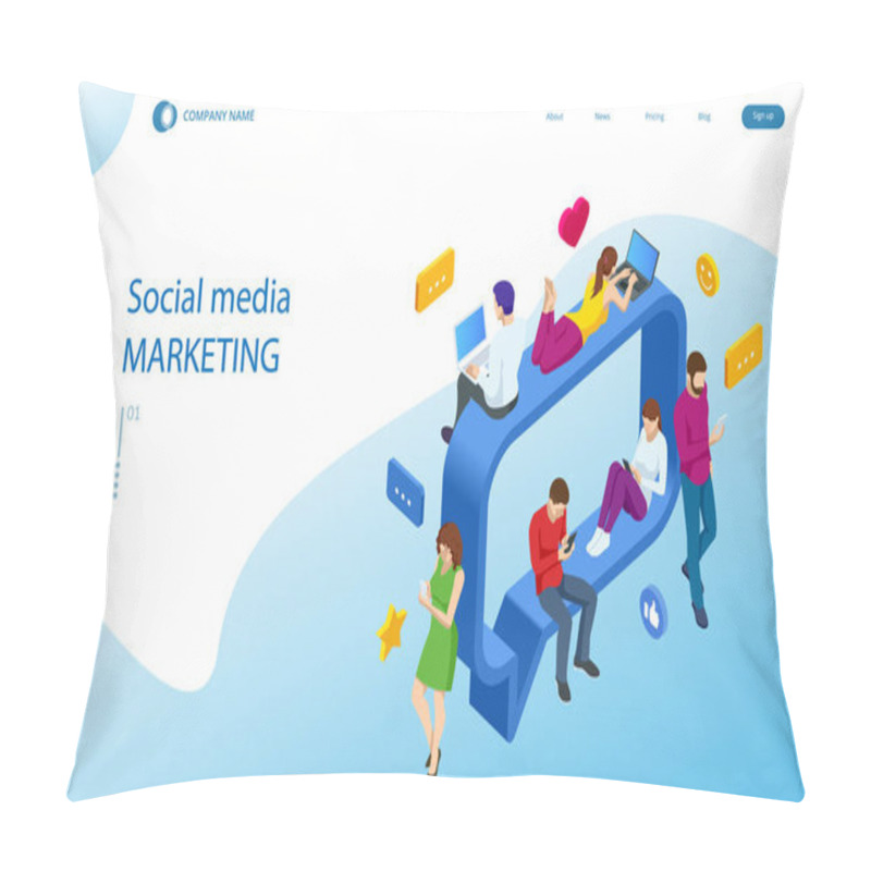 Personality  Isometric Social Network Concept. Chatting Mobile Application. Management, Consulting And Marketing. Pillow Covers