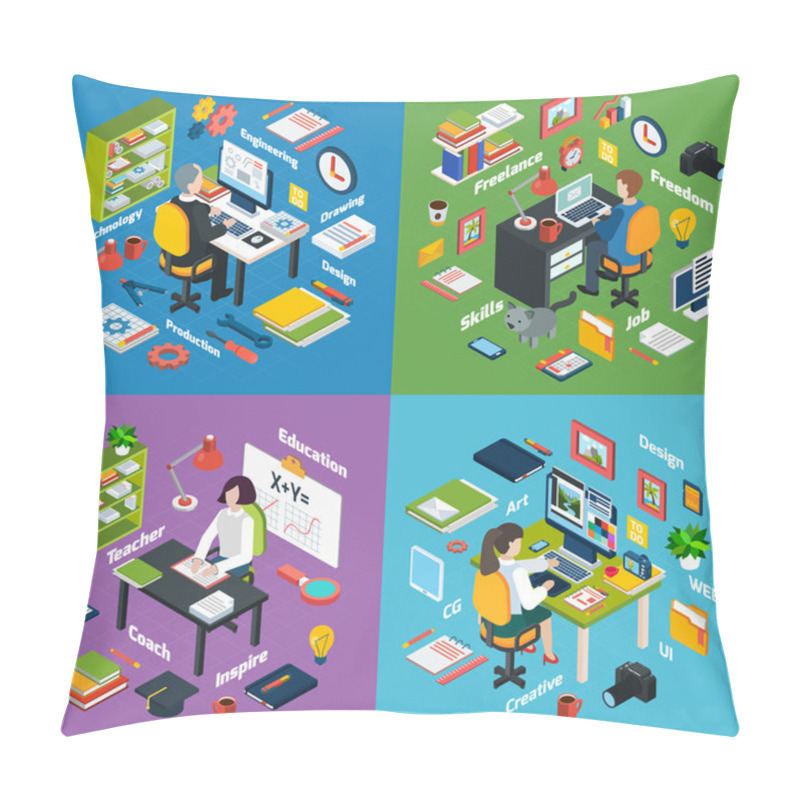 Personality   Professional Workplace Isometric 4 Icons Square  Pillow Covers