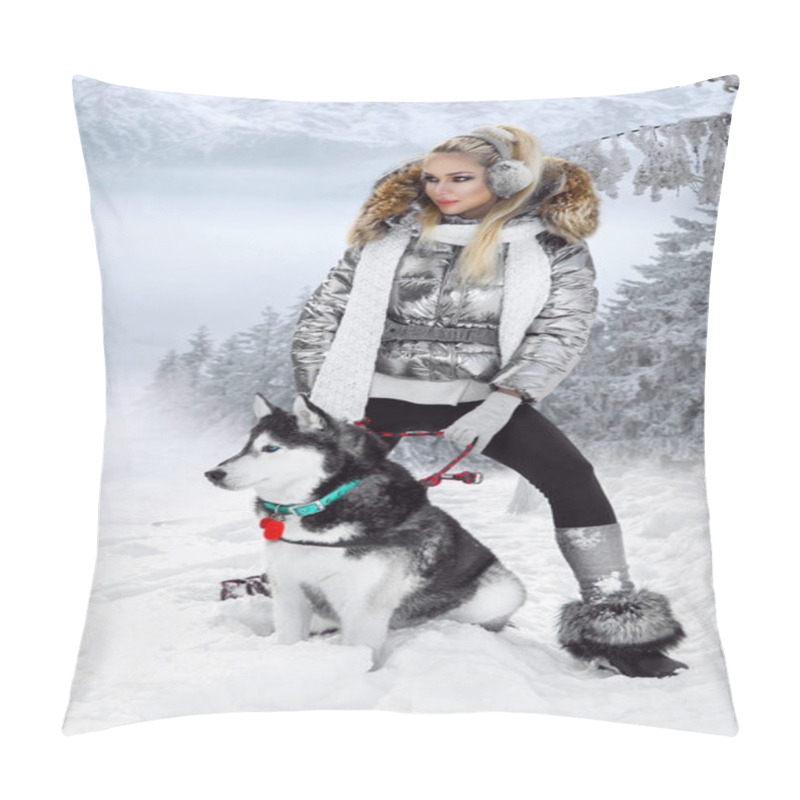 Personality  Beautiful Blonde Woman, Standing On Snow And Holding Husky Dogs. In The Background Is A Beautiful View Of Mountains And Snow. Pillow Covers