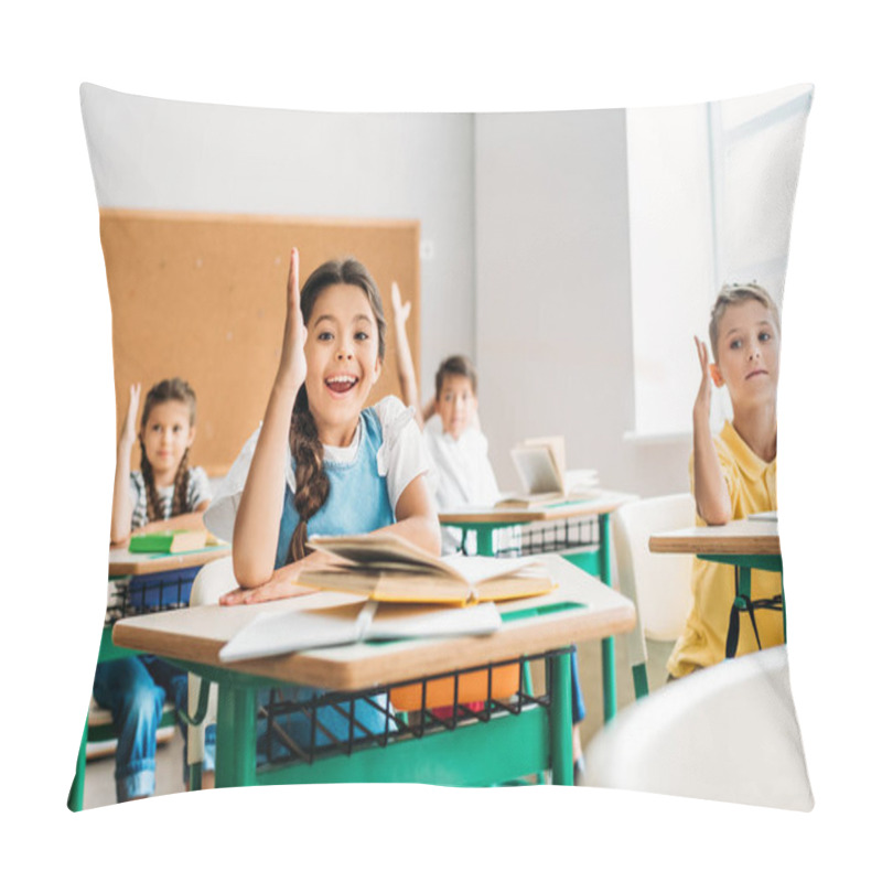 Personality  Group Of Pupils Raising Hands To Answer Question During Lesson Pillow Covers