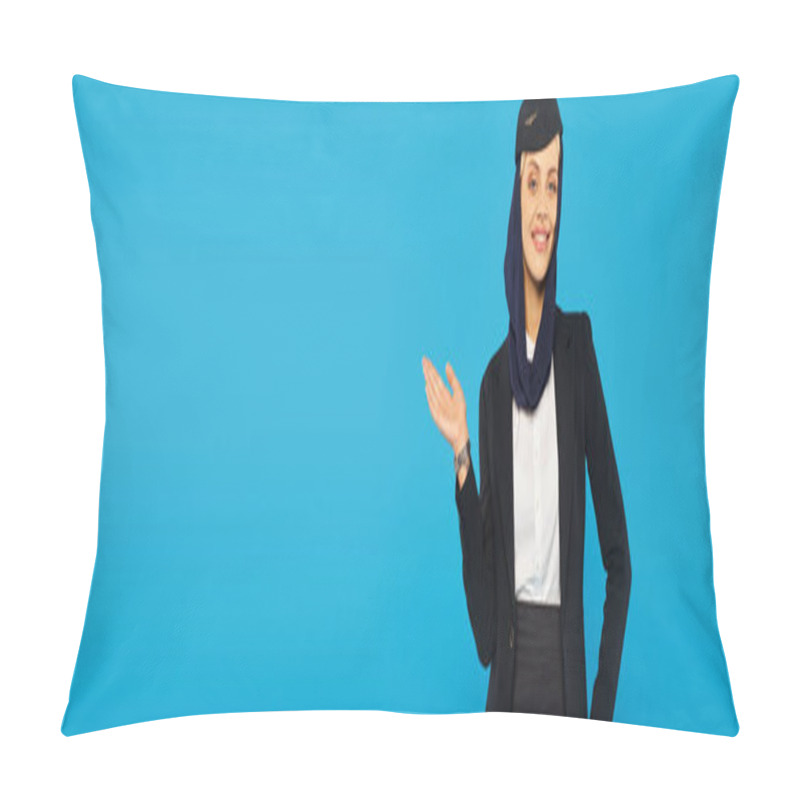 Personality  Elegant Positive Stewardess Of Arabian Airlines Pointing With Hand And Showing Way On Blue, Banner Pillow Covers