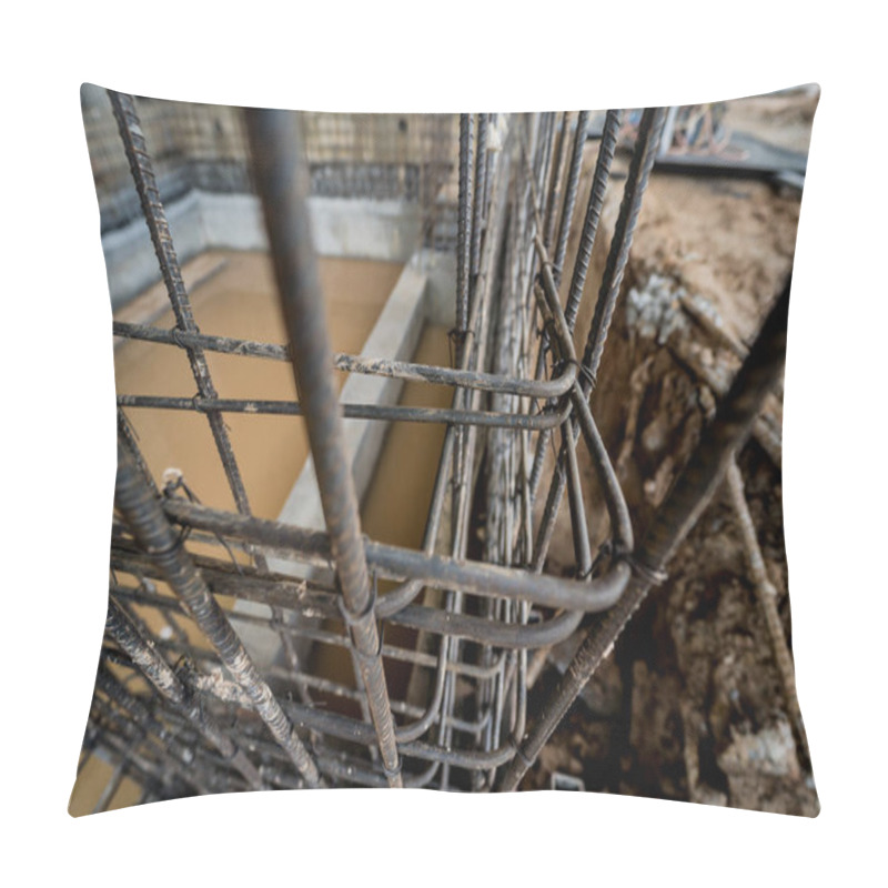 Personality  A Construction Site Displaying A Reinforced Concrete Foundation With Steel Rebar. Pillow Covers