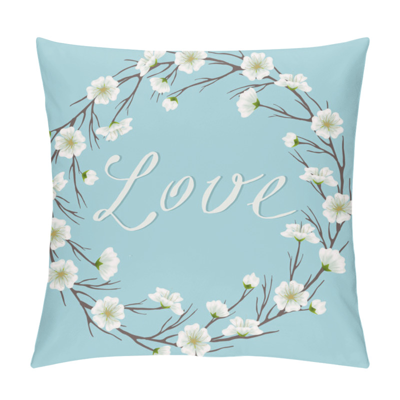 Personality  Vector Apple Blossom Branch Frame In Sky Blue Background. Floral Frame For Greeting, Wedding, Invitation Cards, Postcards. Lovely, Tender Spring Or Summer Design Pillow Covers