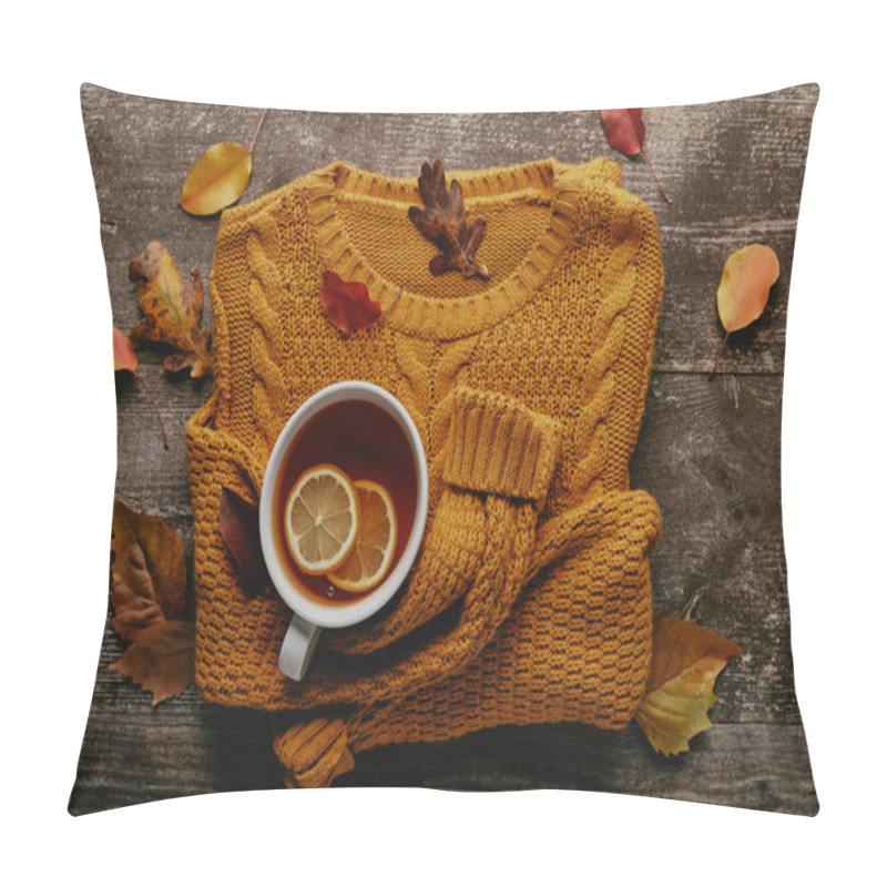 Personality  Flat Lay With Fallen Leaves, Cup Of Tea With Lemon Pieces And Orange Sweater On Wooden Tabletop Pillow Covers