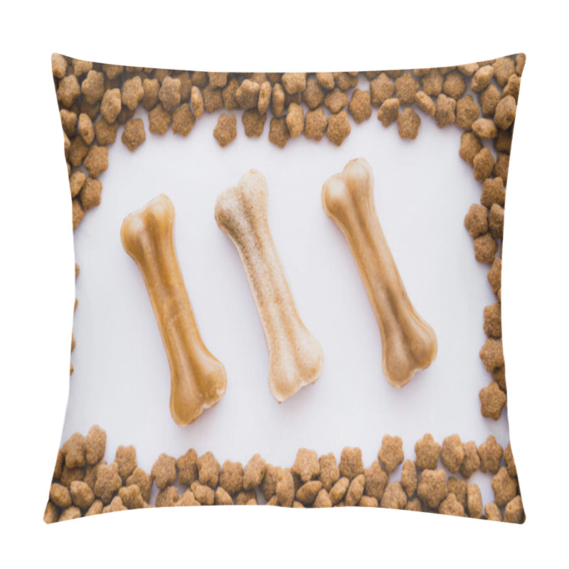 Personality  Flat Lay Of Bone Shaped Treats In Frame With Dry Pet Food Isolated On White Pillow Covers