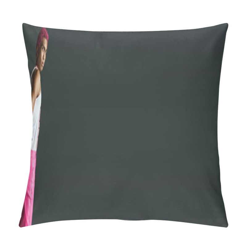 Personality  Handsome Male Model With Pink Hair Posing With Hands Behind Back, Fashion And Style, Banner Pillow Covers