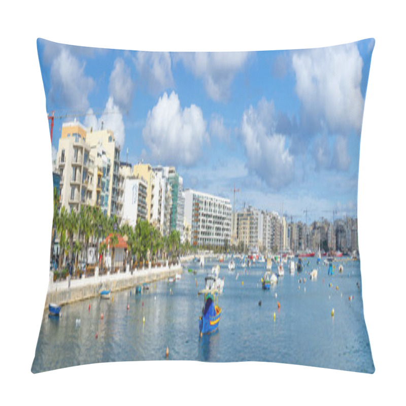 Personality  Panorama Of Mediterranean City Of Sliema, Valleta, Malta And Traditional Maltese Luzzu Boat For Tourists, Cruises Pillow Covers