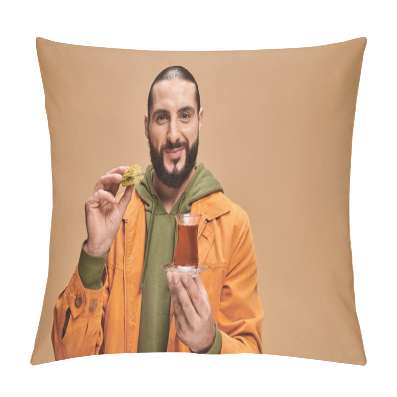 Personality  Happy Bearded Man In Casual Attire Holding Turkish Tea In Traditional Glass Cup And Baklava On Beige Pillow Covers