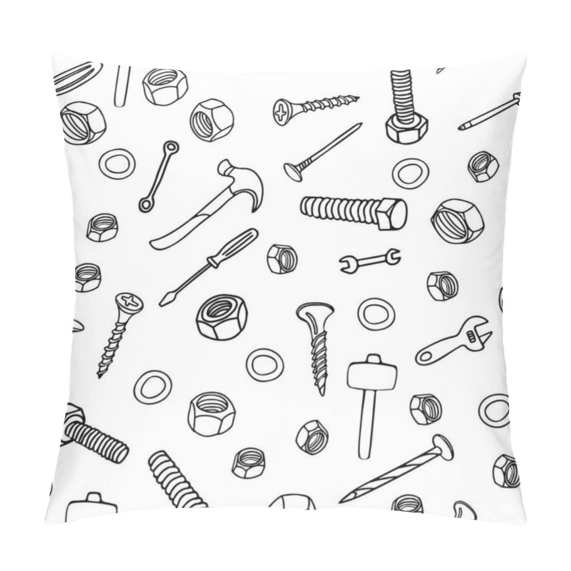 Personality  Vector Seamless Pattern With Nuts, Bolts, Nails, Screws, Hammers, Wrenches, Screwdrivers On White Background. Great For Fabrics, Wrapping Papers, Wallpapers, Covers. Doodle Style, Black Ink. Pillow Covers