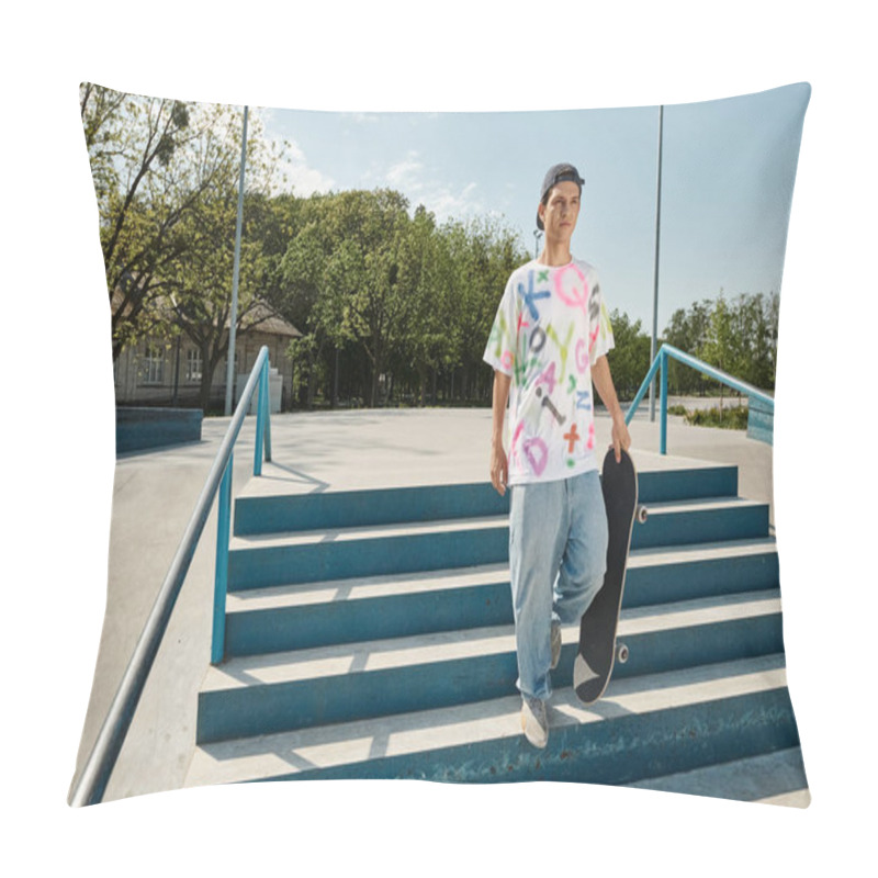 Personality  A Young Skater Boy Stands On Urban Steps Holding A Skateboard, Ready To Ride In A City Skate Park On A Sunny Summer Day. Pillow Covers