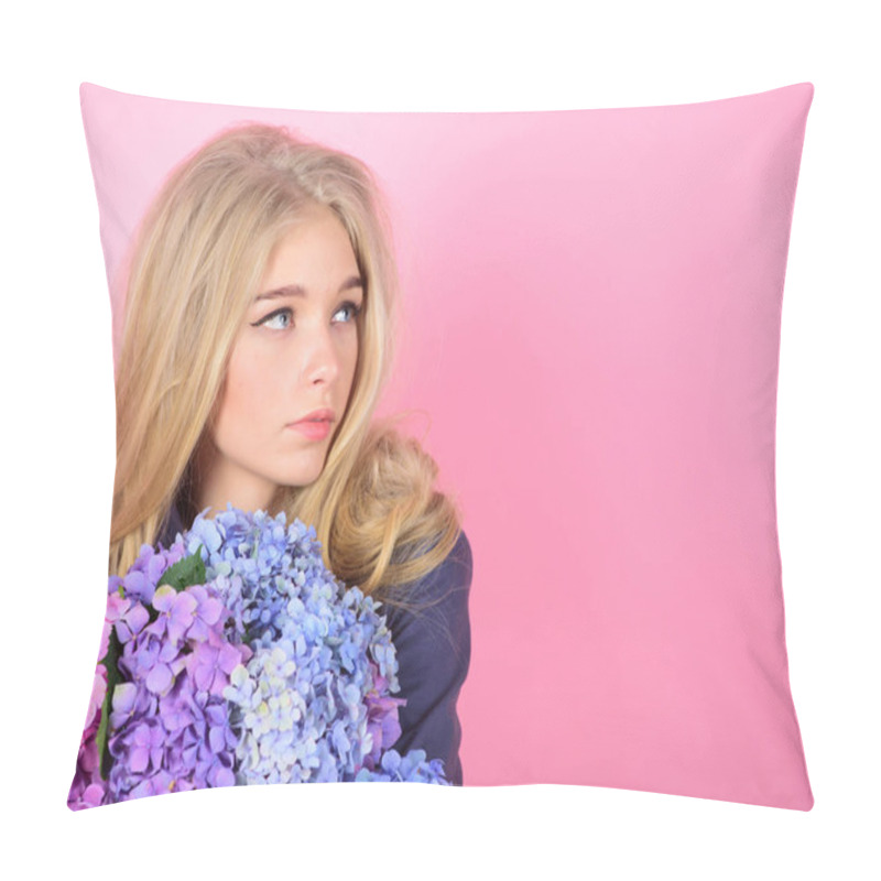 Personality  Springtime Bloom. Simple Beauty. Girl Cute Blonde Hug Hydrangea Flowers Bouquet. Natural Beauty Concept. Skin Care And Beauty Treatment. Gentle Delicate Flower. Pure Beauty. Tenderness Of Young Skin Pillow Covers