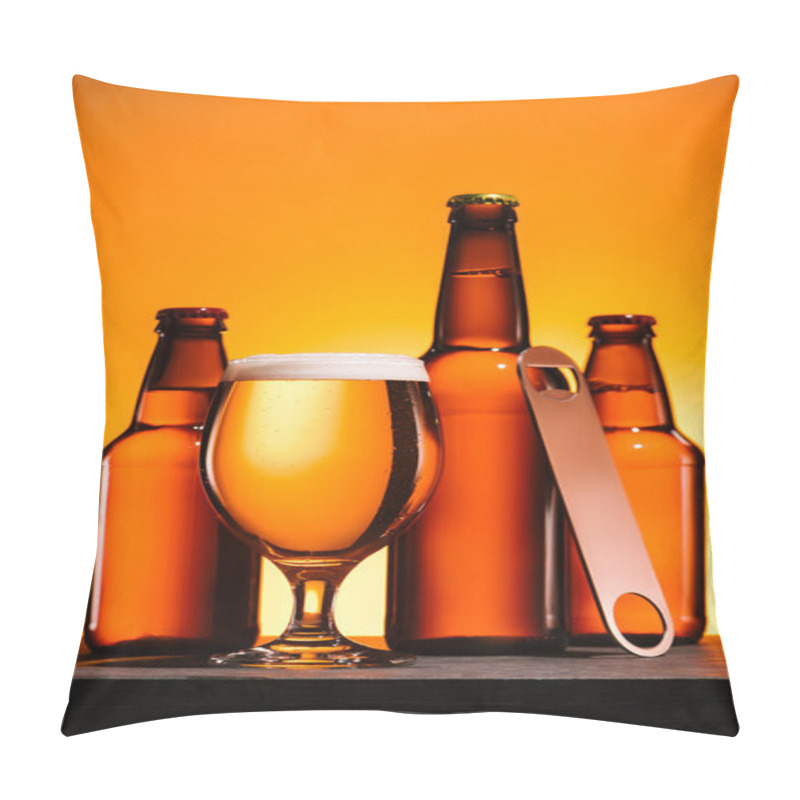 Personality  Close Up View Of Bottles, Glass Of Beer With Foam And Bottle Opener On Orange Background Pillow Covers