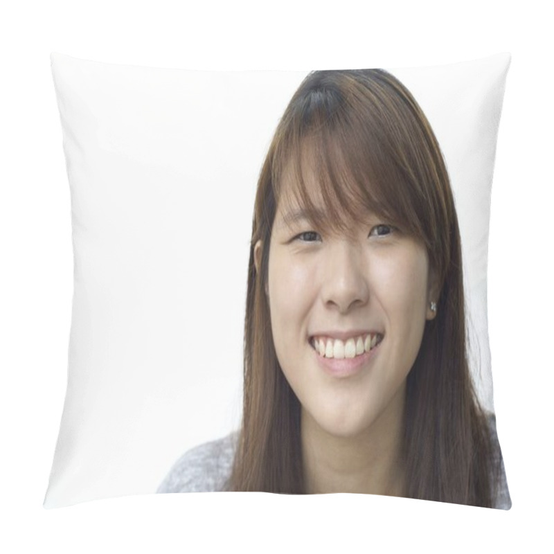 Personality  Smiling Asian Lady Portrait On White Background Pillow Covers