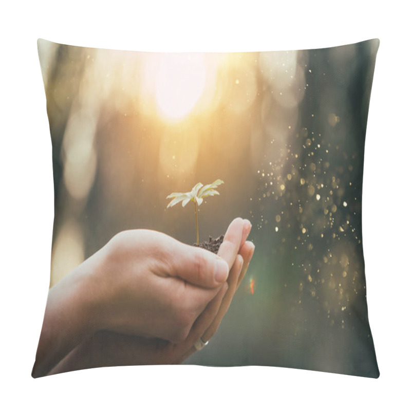 Personality  Hands Holding Green Plant For Planting. New Life And Hope Concept Image.  Pillow Covers