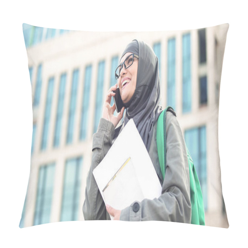 Personality  Cheerful Arabic Female Student Talking On Phone Standing On University Campus Pillow Covers