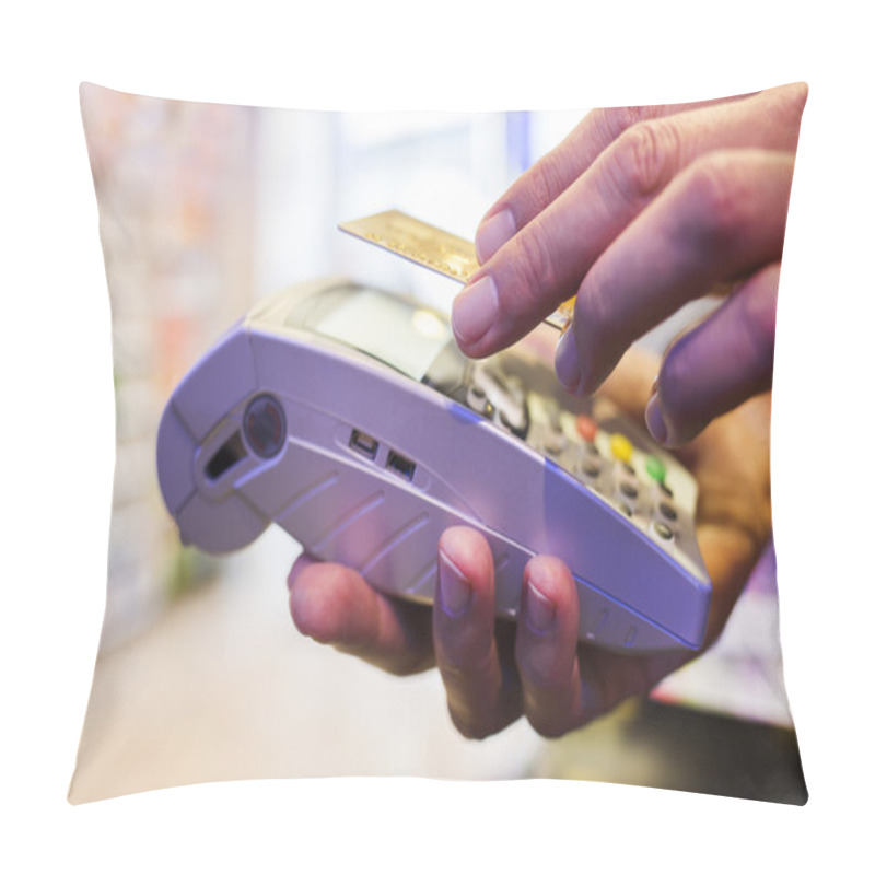 Personality  Man Paying With NFC Technology On Credit Card, In Pharmacy Pillow Covers