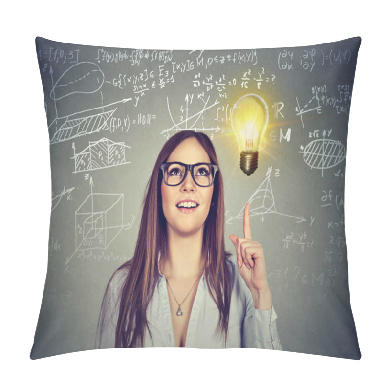 Personality  Pretty Smart Brunette In Glasses Pointing Up In Enlightenment Of Solution And Creative Idea Pillow Covers