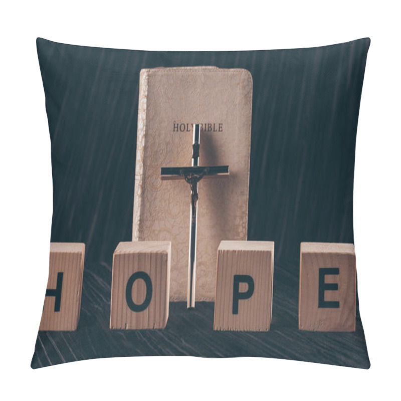 Personality  Wooden Cubes With Word Hope And Bible With Cross On Black Table Pillow Covers