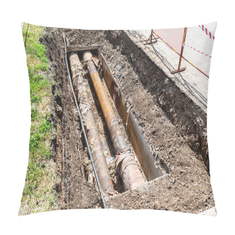 Personality  Repair Of Old Rusty Metal Heating Pipes. Construction Works On The Iron Pipes At A Depth Of Excavated Trench Pillow Covers