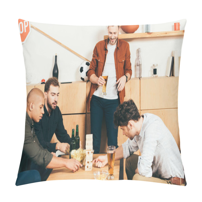 Personality  Multiethnic Friends Playing Blocks Wood Game In Cafe Pillow Covers