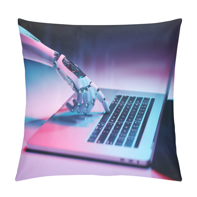 Personality  Robotic Cyborg Hand Pressing A Keyboard On A Laptop 3D Rendering Pillow Covers