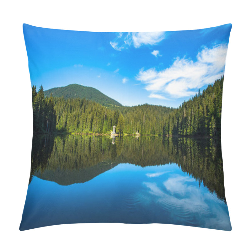 Personality  Lake Synevir. Beautiful Nature Scenery Outdoors. Coniferous Forest With Tall Trees On The Shore, Reflected In The Steady Water. Mountain Lake In Summer. Blue Sky With Clouds. Beautiful Landscape Pillow Covers