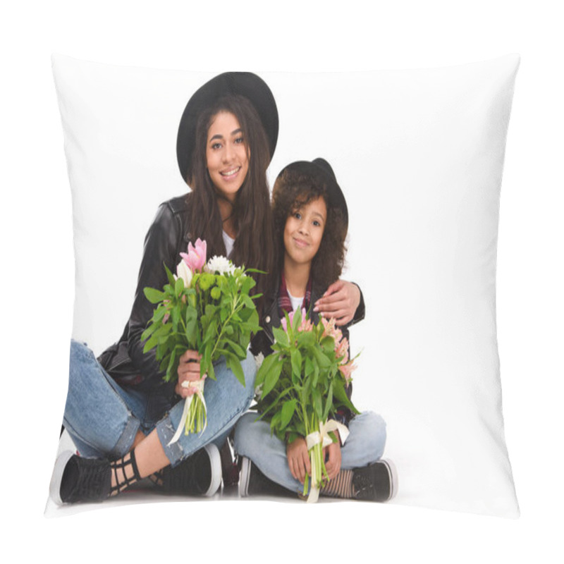 Personality  Mother And Daughter Sitting On Floor With Beautiful Bouquets Isolated On White Pillow Covers