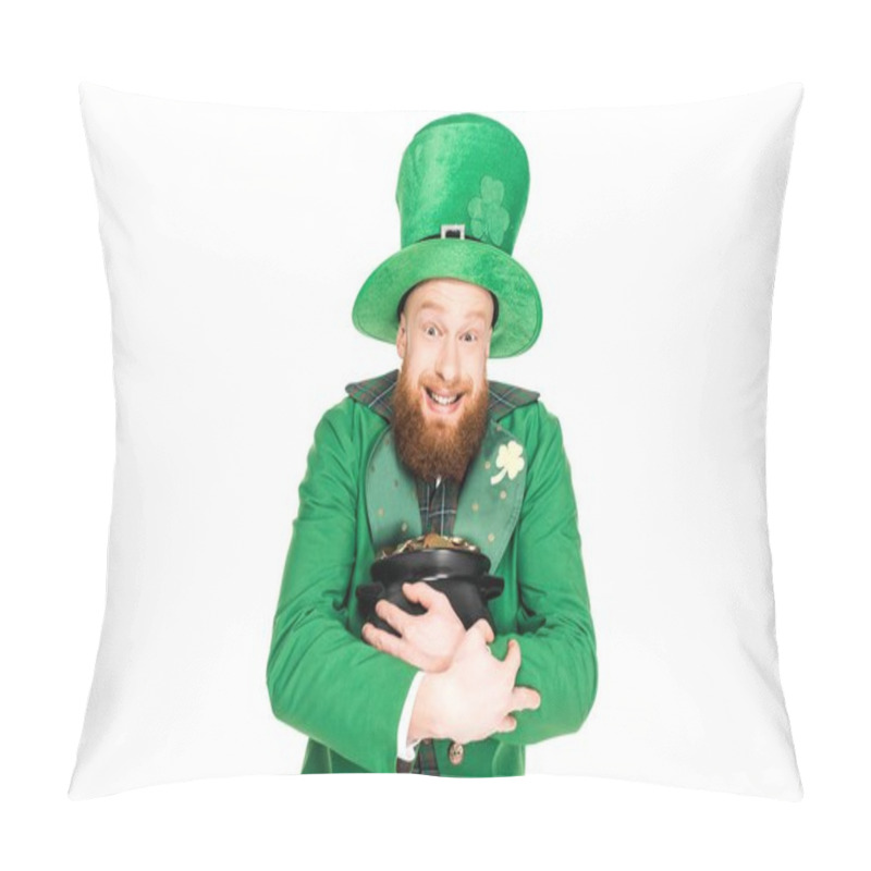 Personality  Excited Leprechaun In Green Hat Holding Pot Of Gold, Isolated On White  Pillow Covers