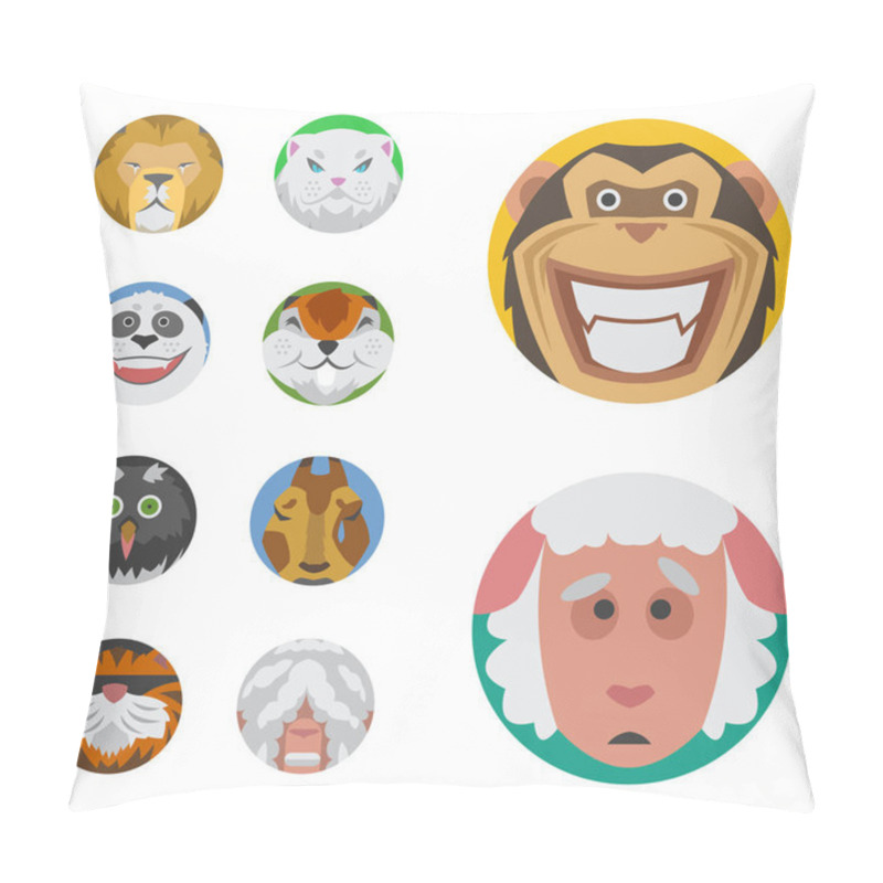 Personality  Cute Animals Emotions Icons Isolated Fun Set Face Happy Character Emoji Comic Adorable Pet And Expression Smile Collection Wild Avatar Vector Illustration. Pillow Covers