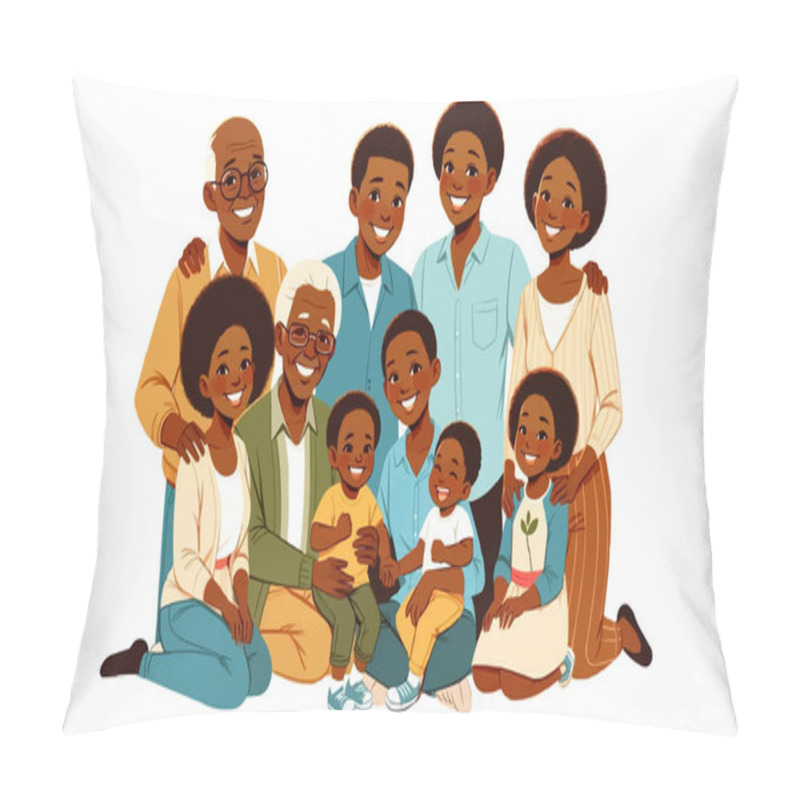 Personality  A Happy And Smiling Multigenerational Family With Dark Skin Tones, Flat Style Portrait And Copy Space Pillow Covers