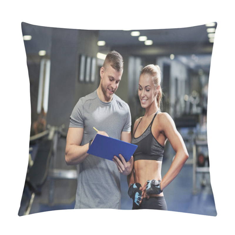 Personality  Smiling Young Woman With Personal Trainer In Gym Pillow Covers